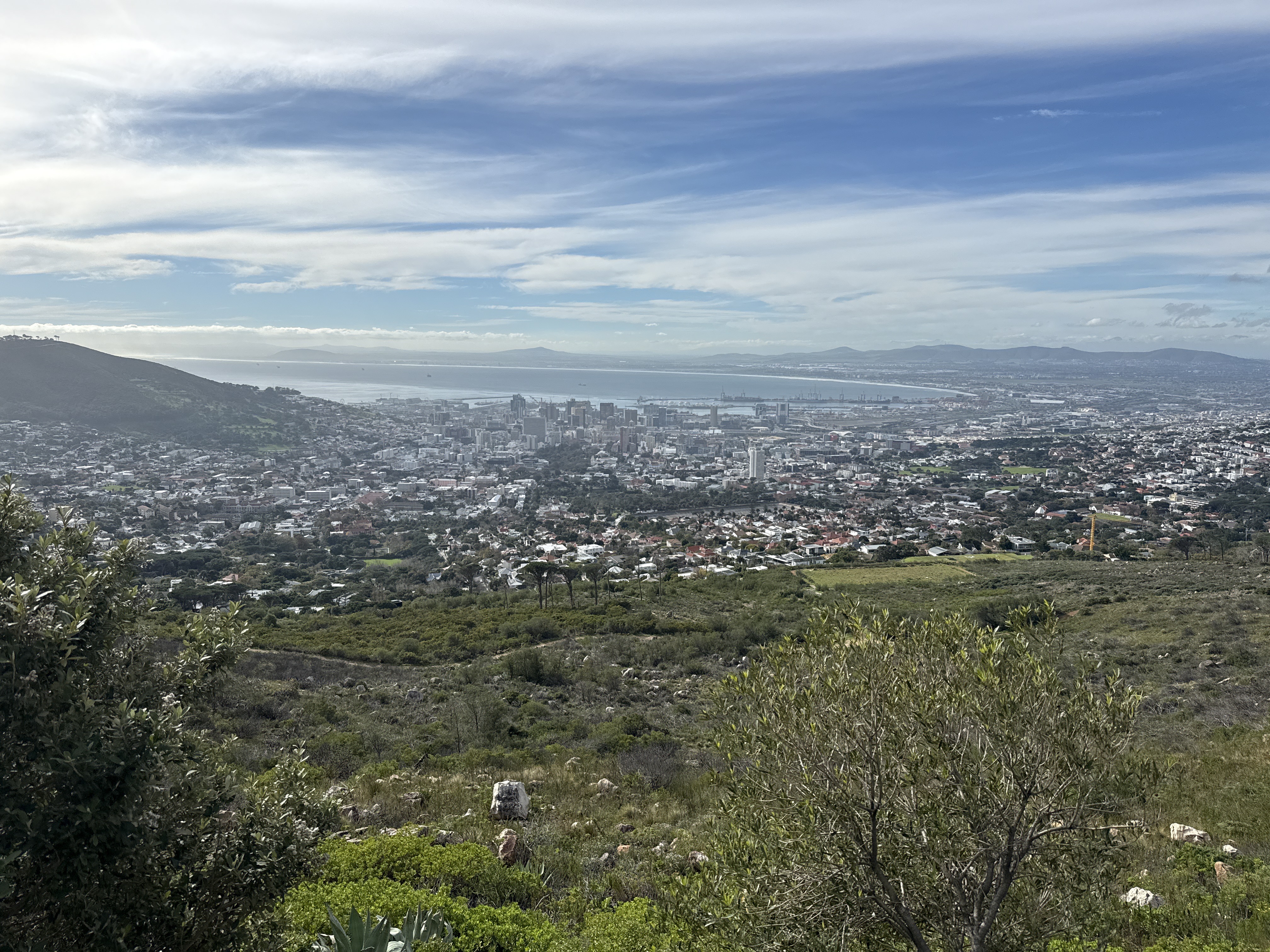 From the lower station. The city, the harbor, the bay, and Robben Island out in the haze. We got this far and stopped, on purpose.