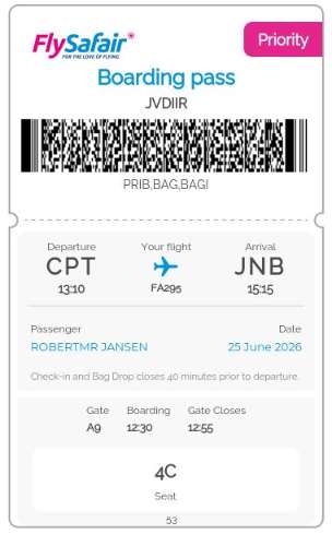 FlySafair FA295. Cape Town 13:10, Johannesburg 15:15. Gate A9, seat 4C, and a passenger named robertmr jansen, which is not quite my name but was close enough to fly on.