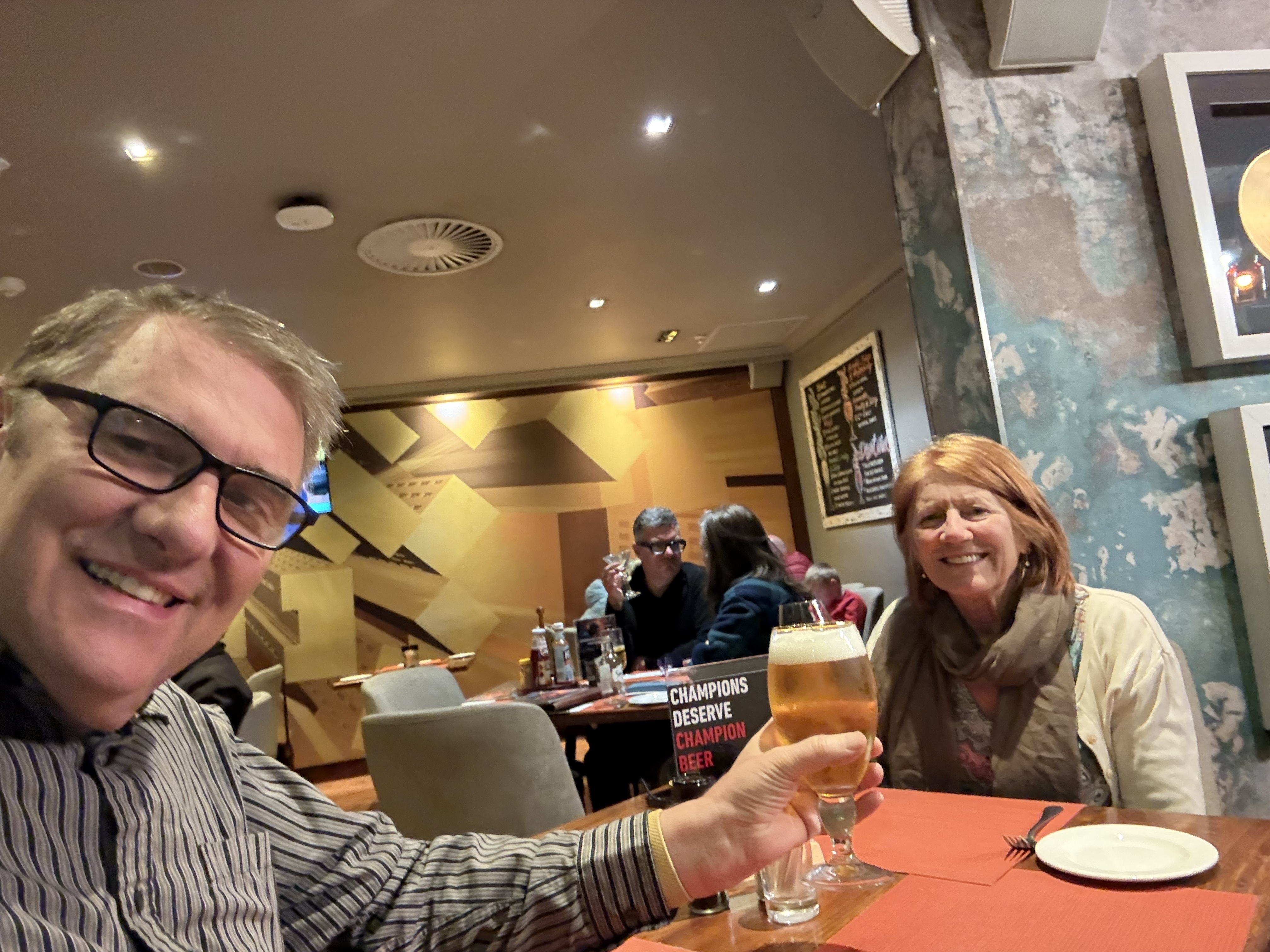 Dinner in Sandton. Awake since five, cold for most of it, and we had seen a leopard.