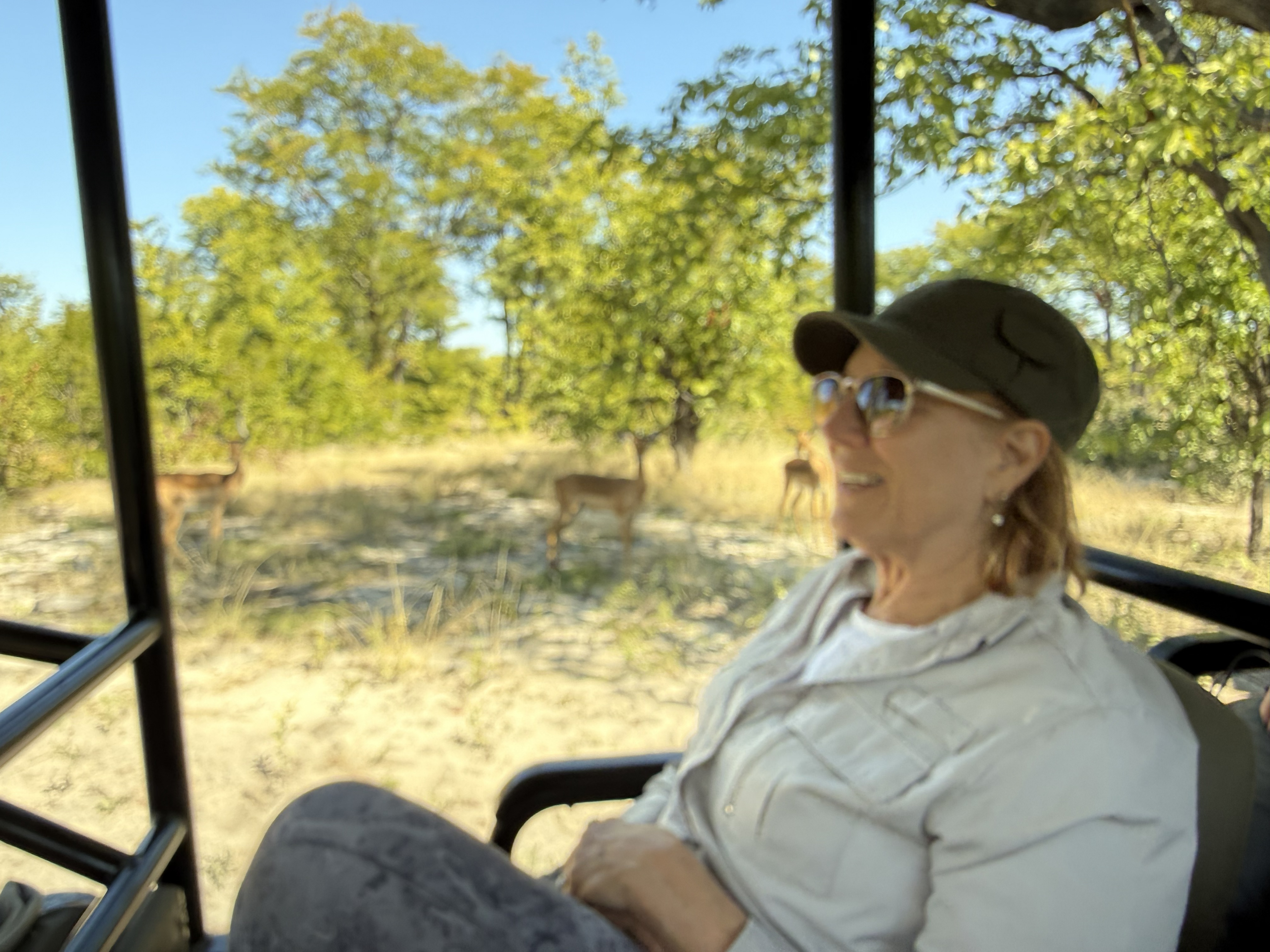 Bonnie on the first Delta drive — and the real story here is out the side of the truck, slightly out of focus: impala. By now we drove straight past them without turning our heads.