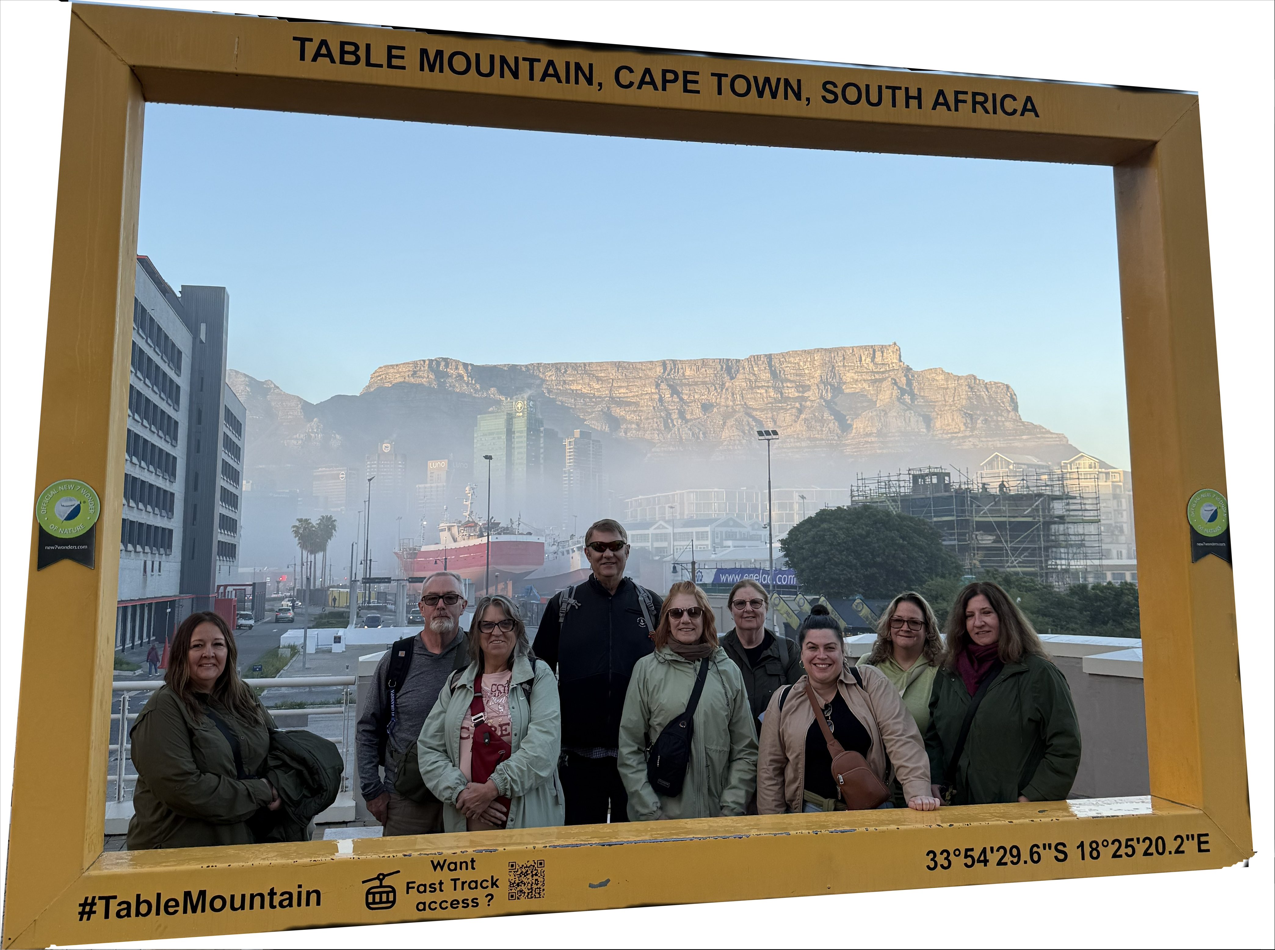 The group, before the crossing, with Table Mountain doing its usual work in the background. From lions to this in the space of a week.