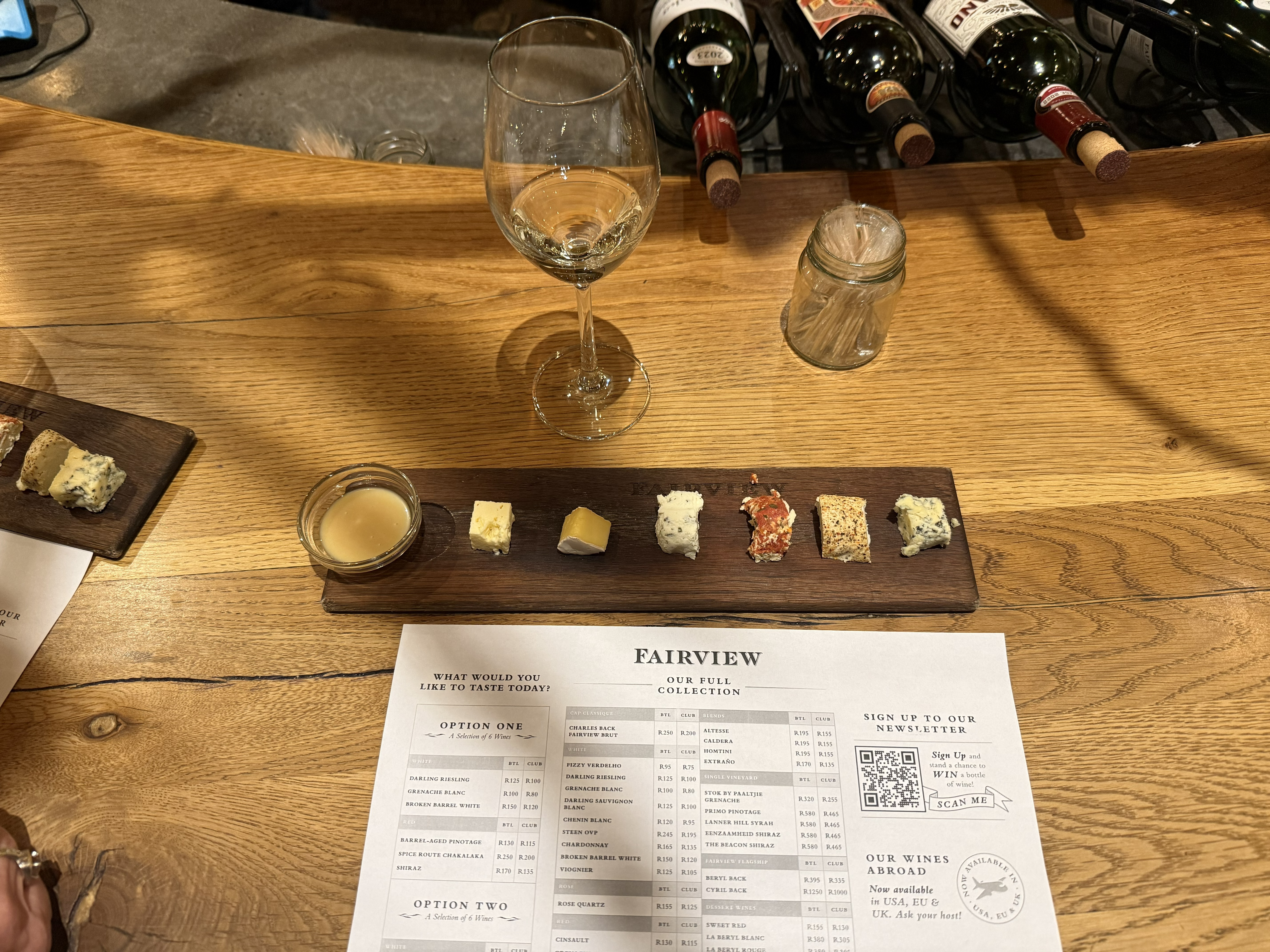 And the pairings — cheeses matched to several of the wines, which is the whole idea here and which was very good indeed. The board also gives away one of the labels: Beryl Blanc an