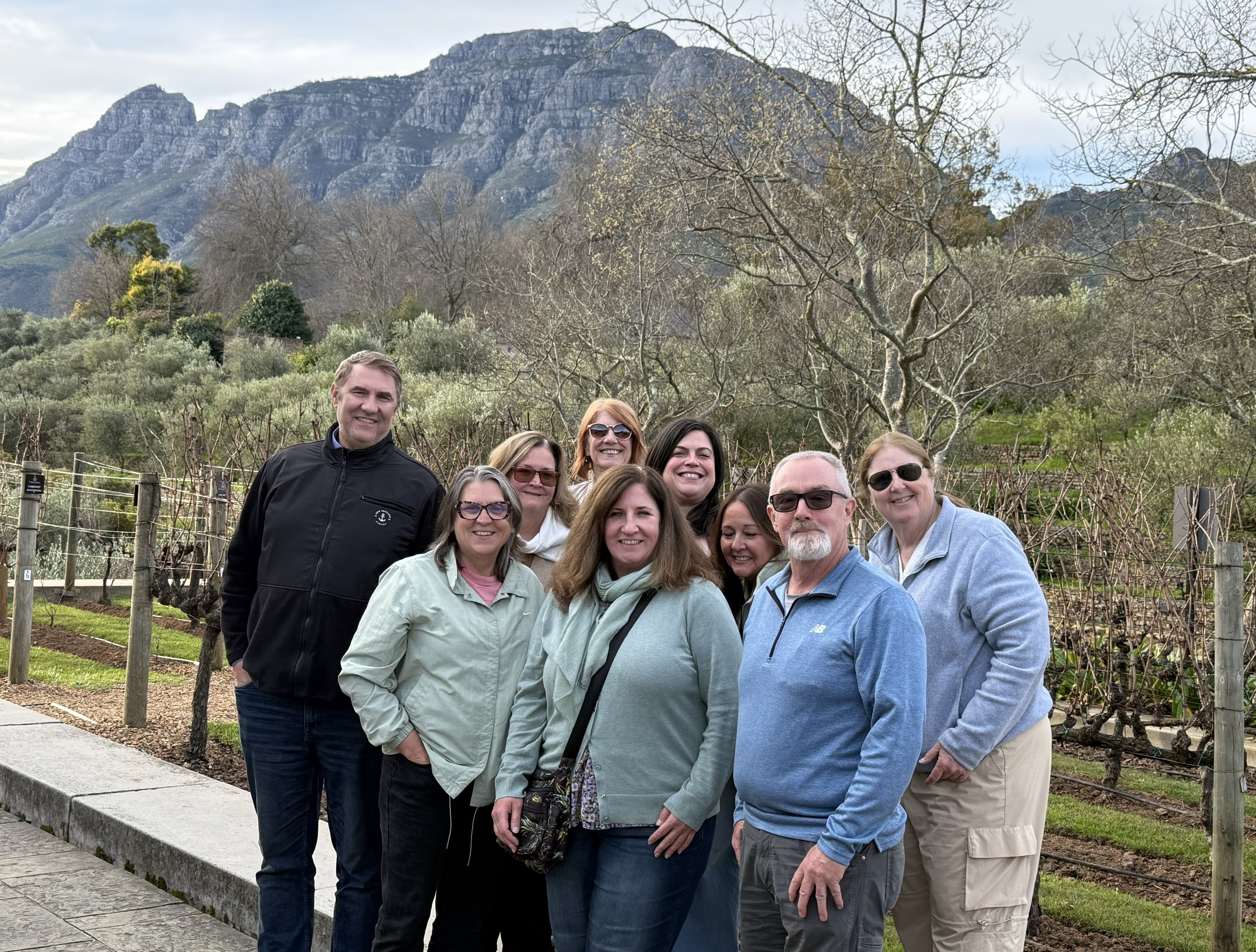 The group at Tokara, with the vines and the mountains behind us. Whatever the tasting lacked, the view did not.